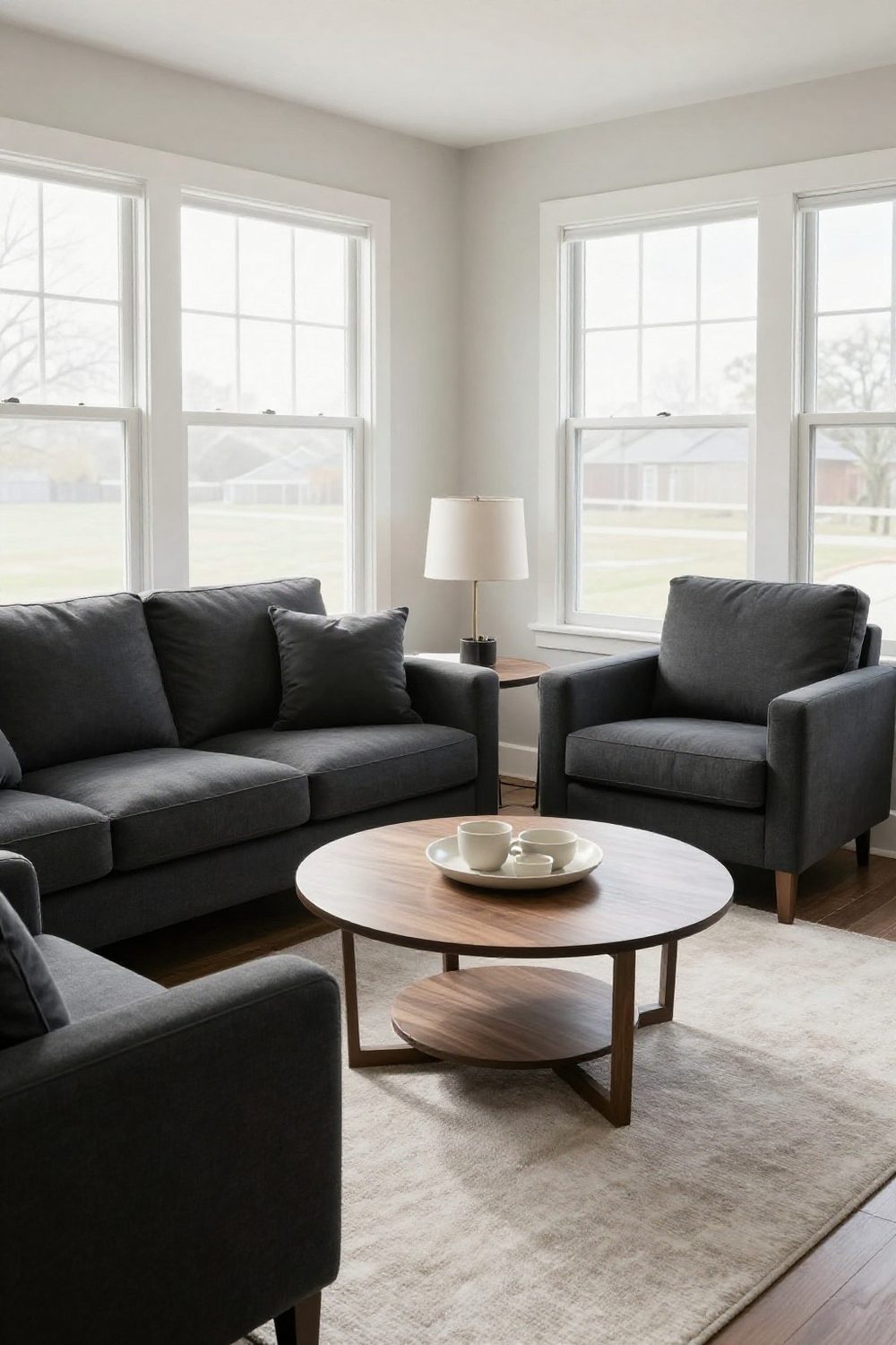 Round coffee table between a sofa and armchair in a compact living room