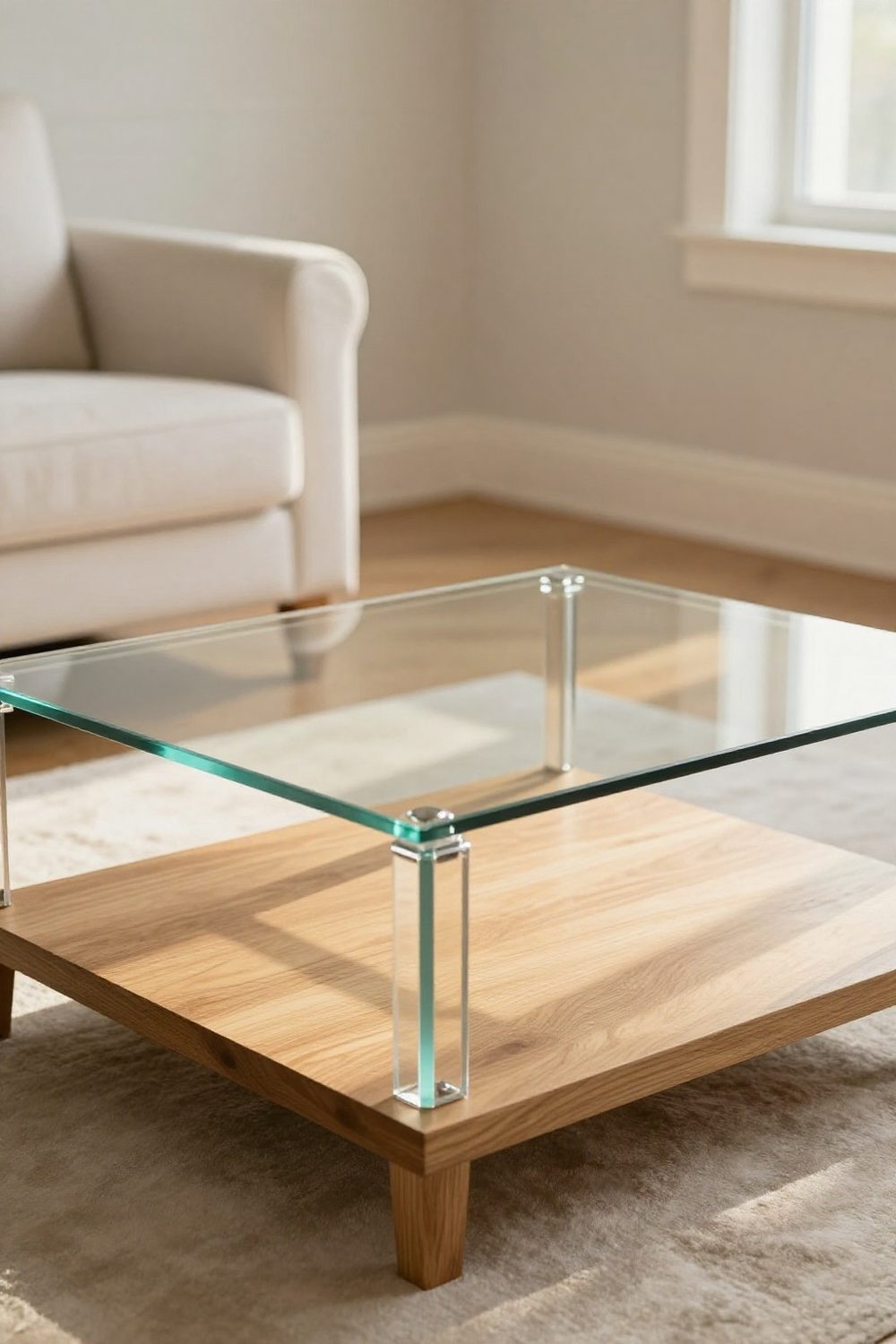 Glass or acrylic coffee table in a small bright living room