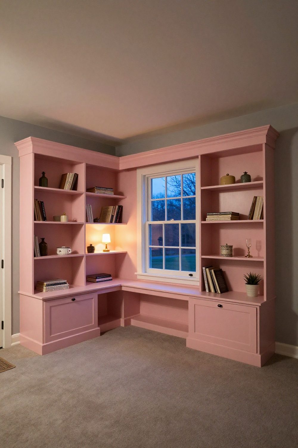 Built-in shelves around a window in a small living room