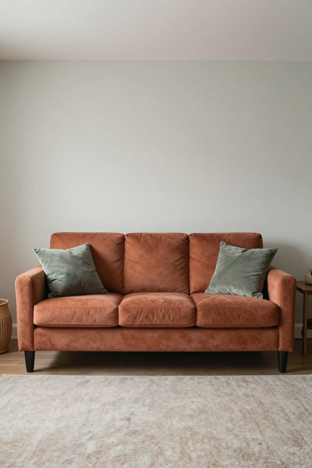 Small living room with light walls and one dark accent color in textiles