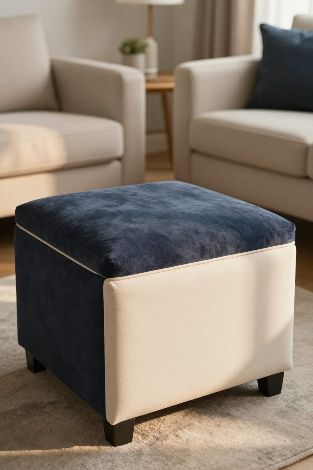 Storage ottoman used as a coffee table in a small living room