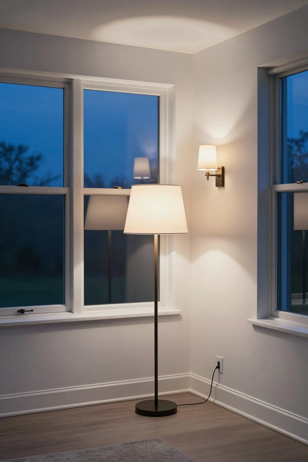 Floor lamp and wall sconces lighting a small living room in the evening