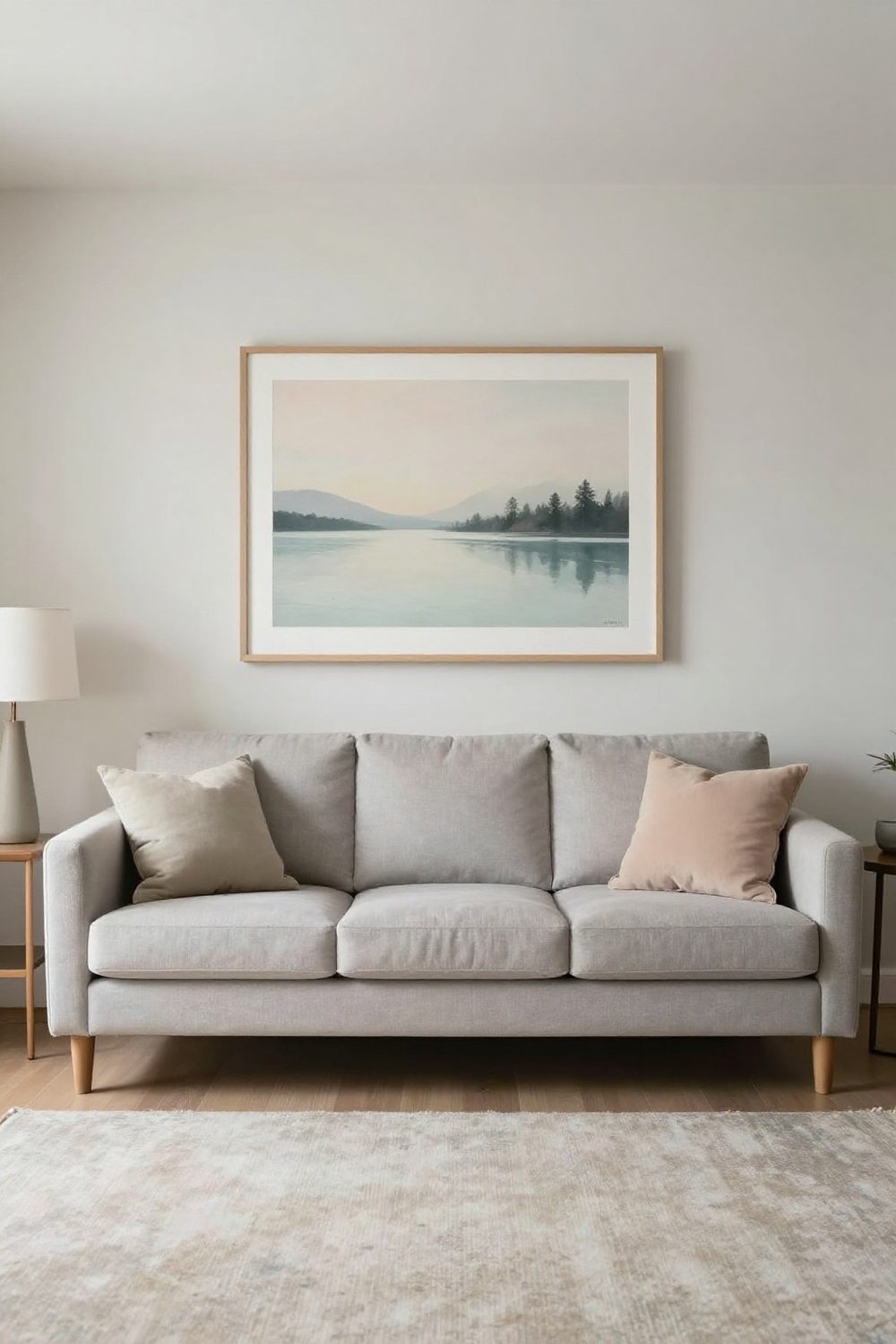One large artwork above a sofa in a small living room