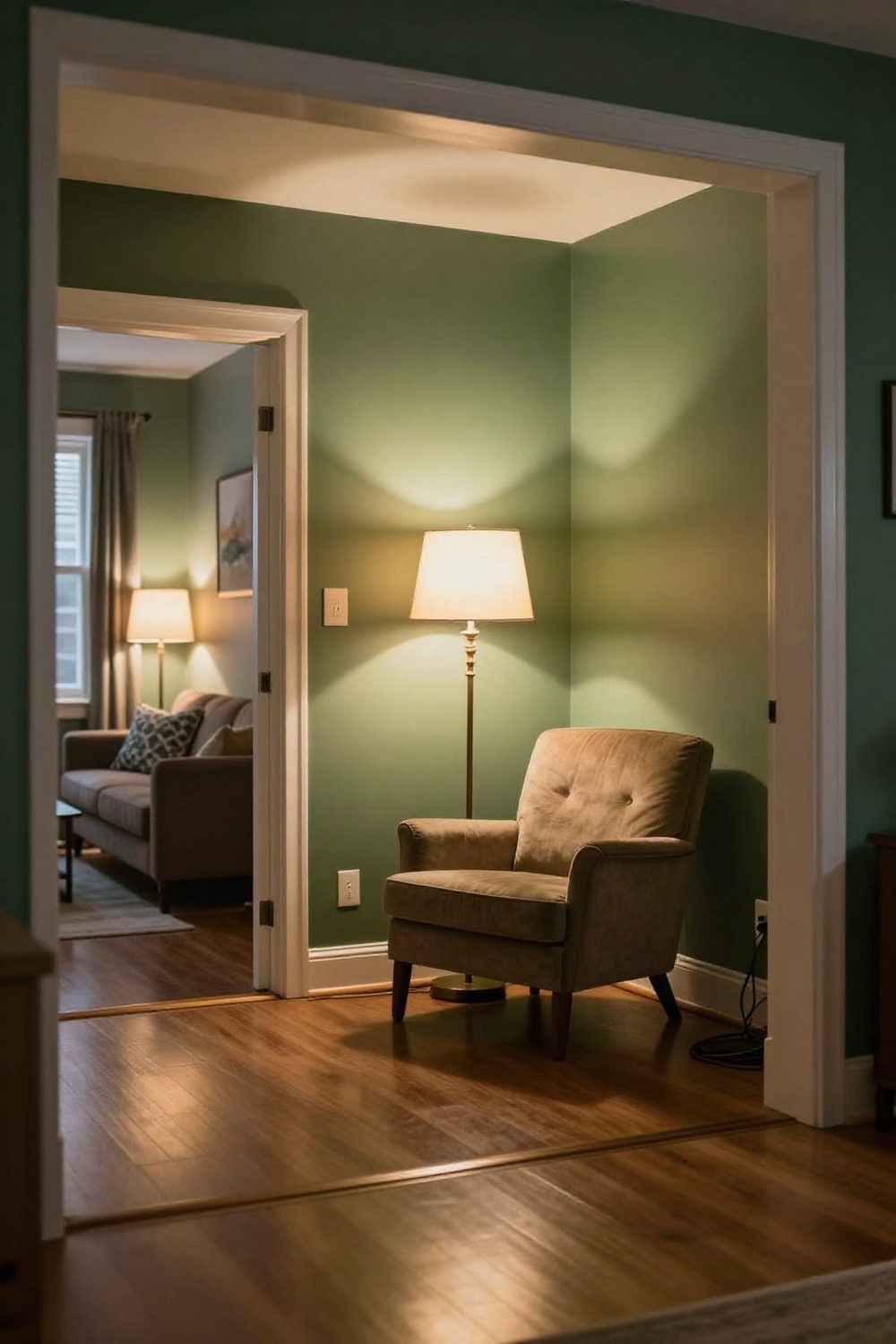 Small living room corner with a reading chair and floor lamp