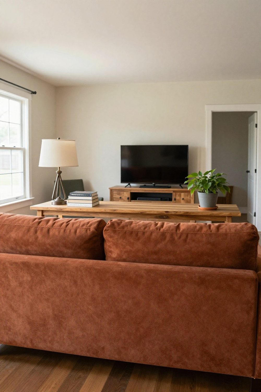 Long narrow console table between a sofa and the TV wall in a small living room
