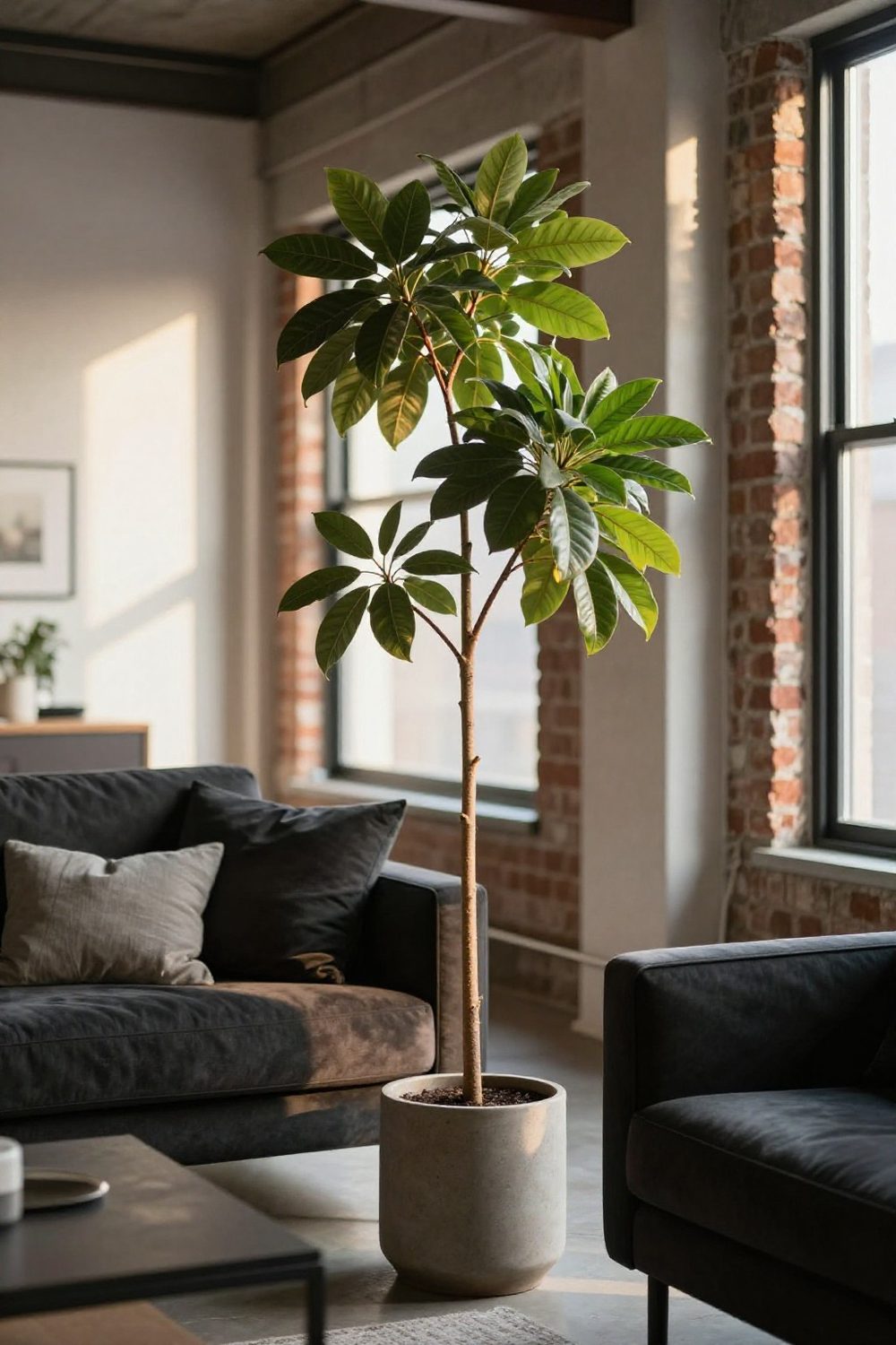 Tall indoor plant in a small bright living room