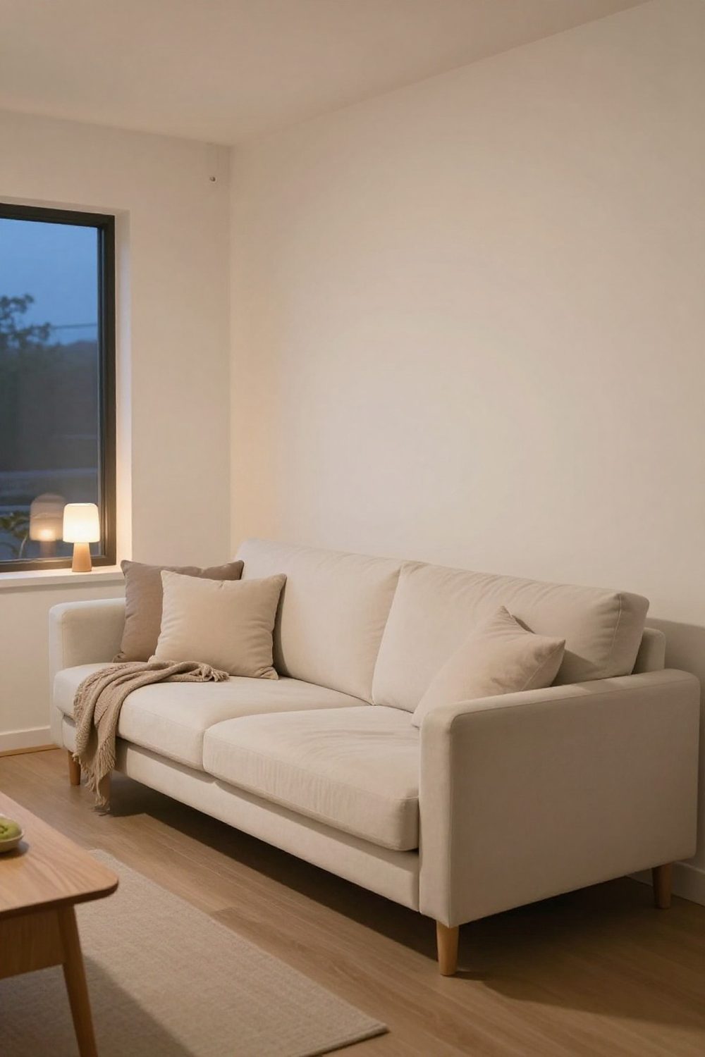 Sofa with a few pillows and a throw in a minimal small living room