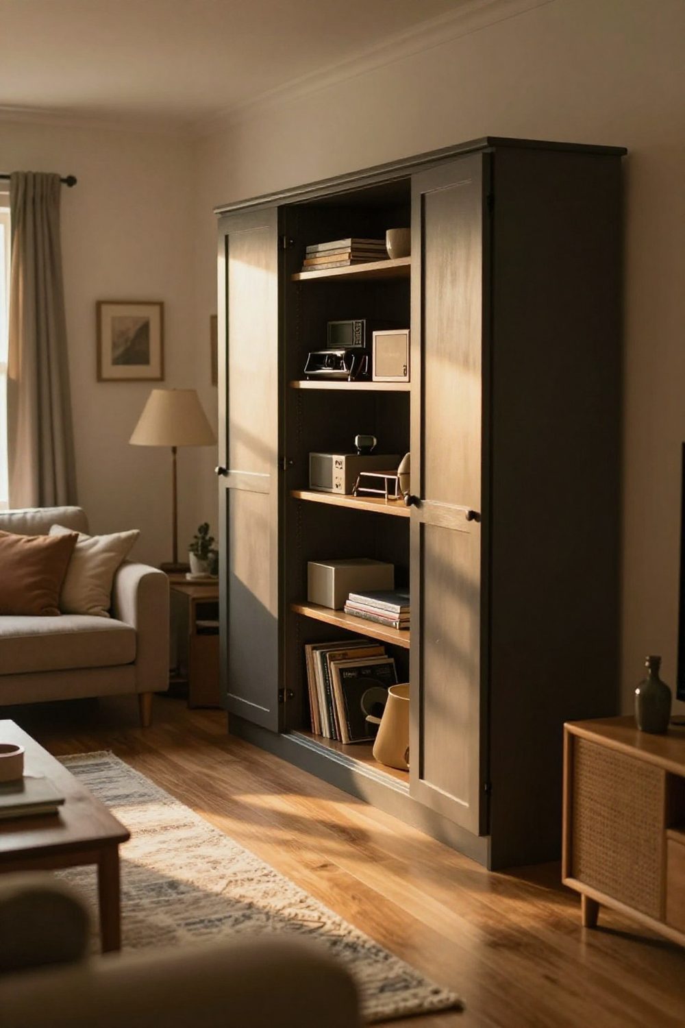 Living room with a closed cabinet hiding clutter and electronics
