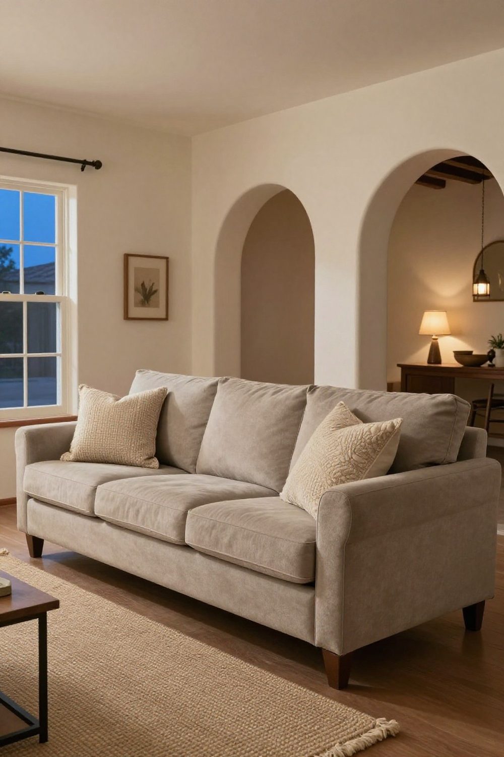 Small living room with matching wall and sofa color creating a calm look