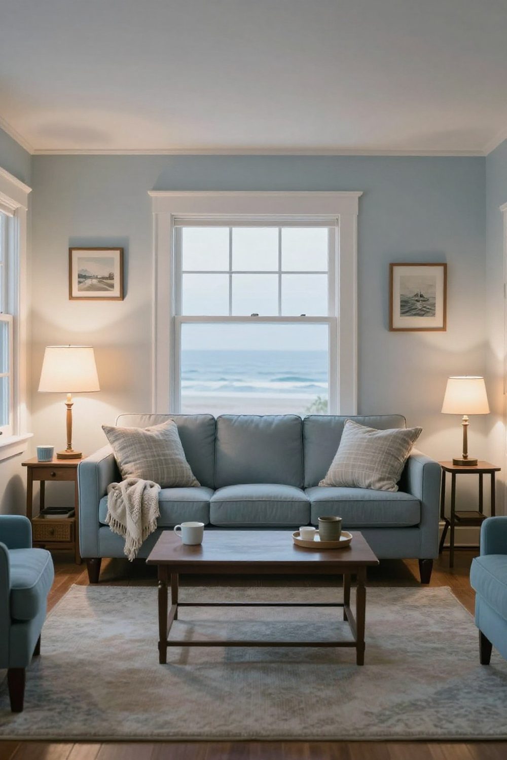 Cozy small living room at evening with warm lamps and a throw