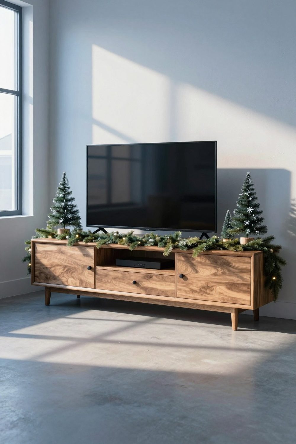 Wooden TV stand decorated with a garland along the front edge and mini trees at each end