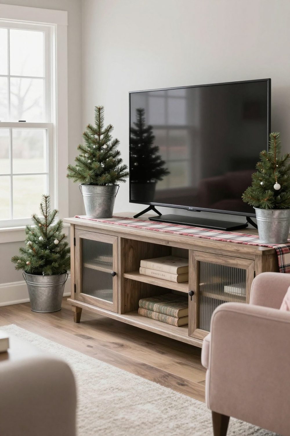 Farmhouse TV stand with galvanized buckets of small trees and a plaid runner