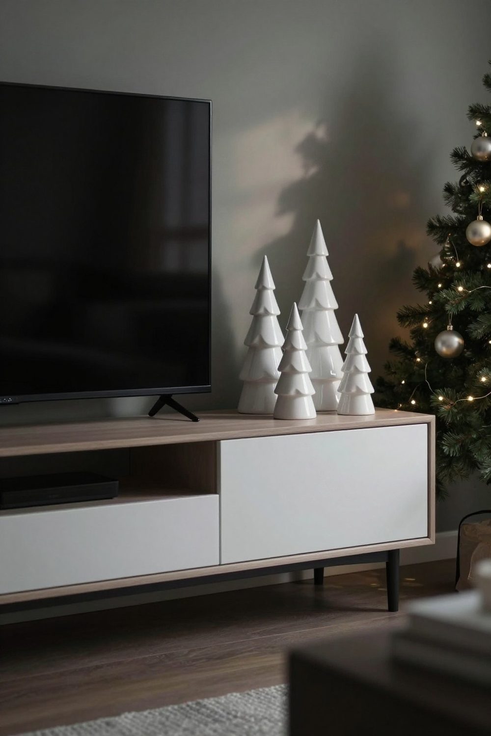 Low modern TV console with three white ceramic trees and a few ornaments