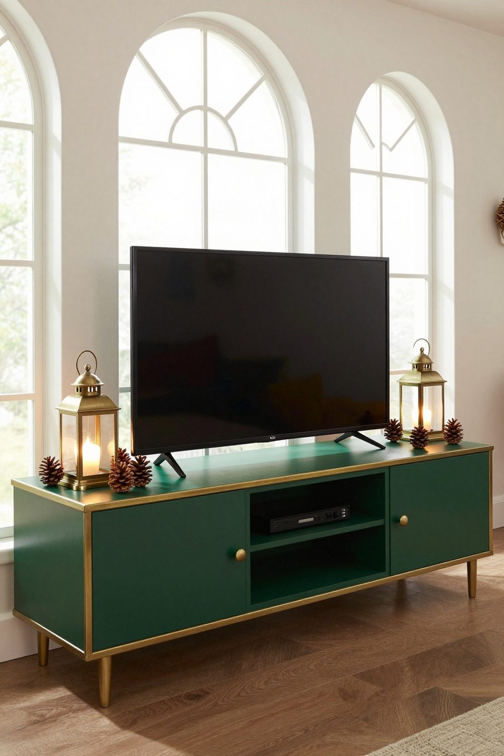 TV stand with battery lanterns and pinecones on either side of the TV