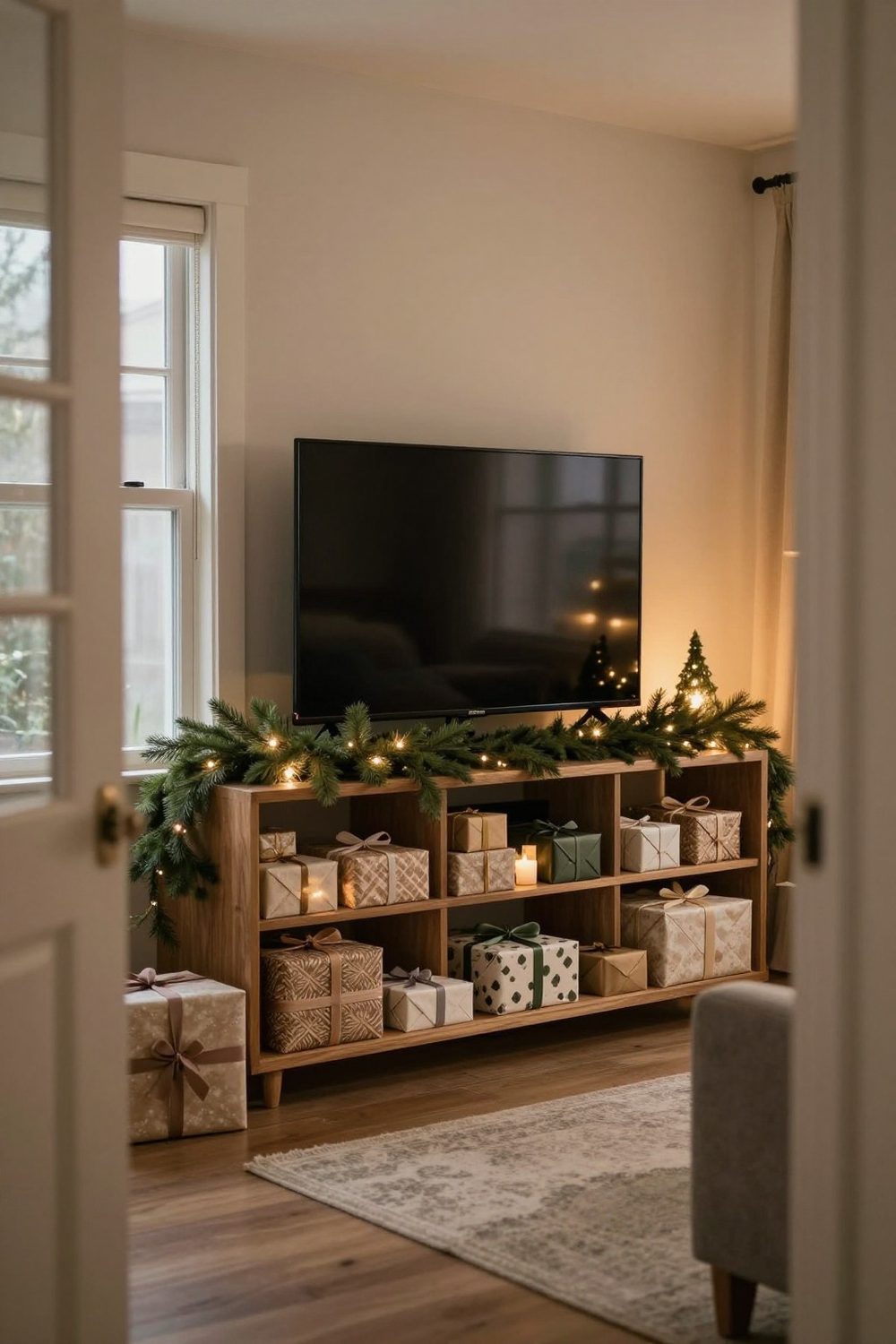 TV stand open shelves filled with wrapped gifts and greenery