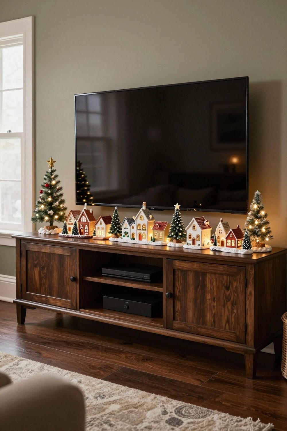 Small Christmas village with lights displayed on a long TV stand