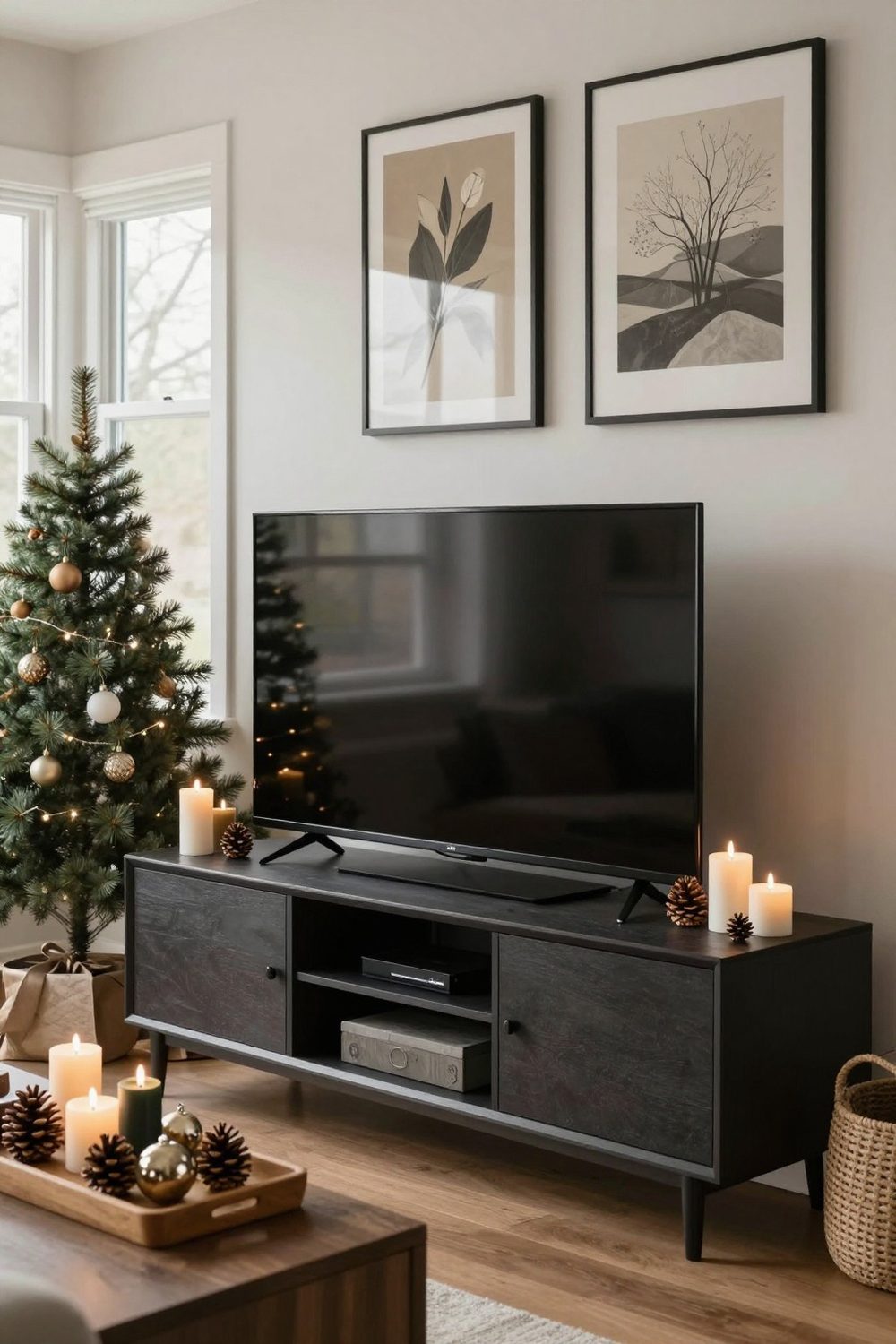 TV stand with a wooden tray holding candles, ornaments and pinecones