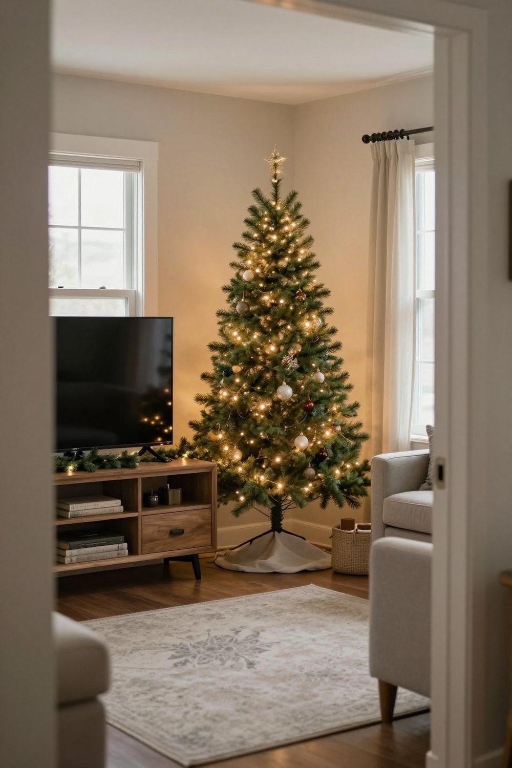 Corner TV stand decorated with a tall tree beside it and greenery on top