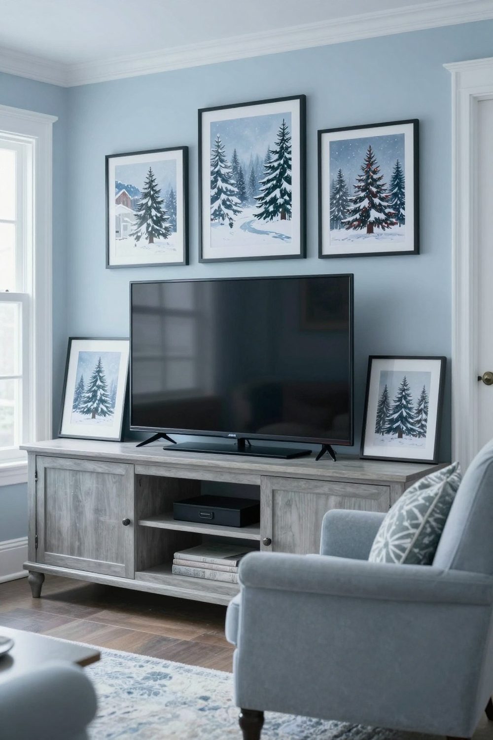 Gallery of Christmas art prints leaning on a TV wall ledge around the television