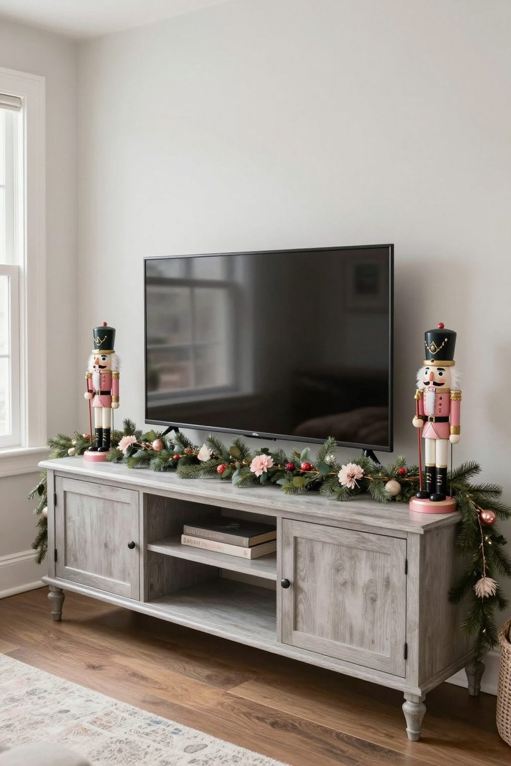 Nutcracker figures standing at each end of a TV stand