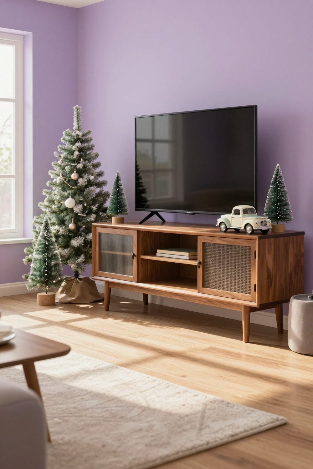 Vintage TV stand with bottle-brush trees and a vintage truck