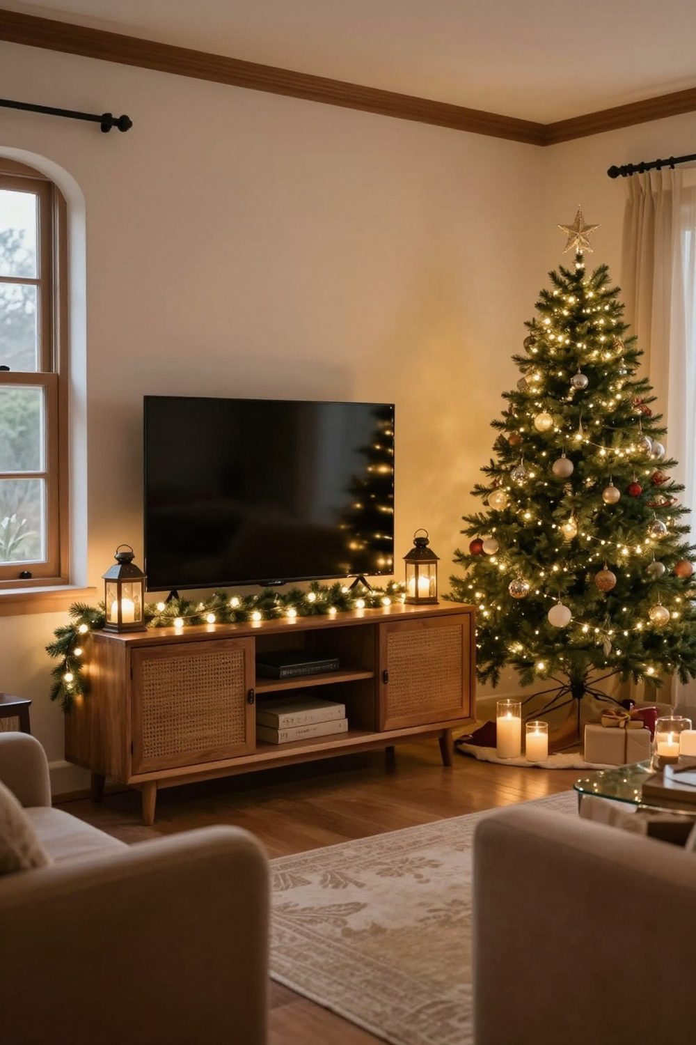 Cozy living room at evening with a decorated TV stand and the TV switched off