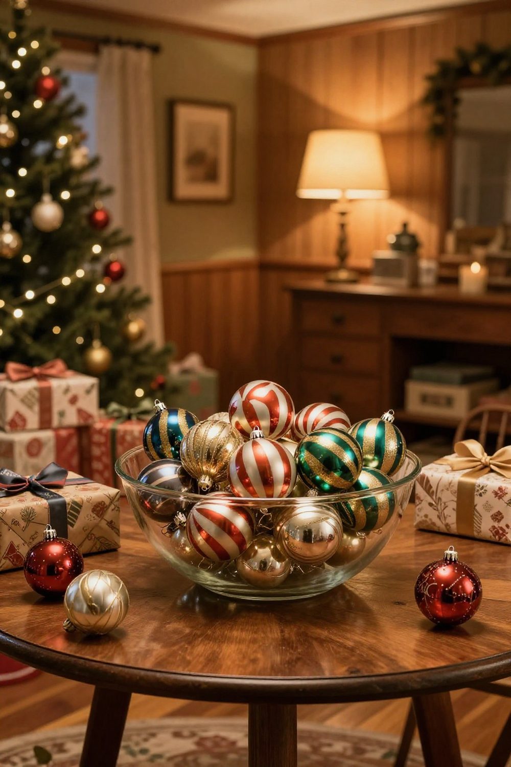 Glass bowl filled with vintage Shiny Brite style striped ornaments on a wooden table