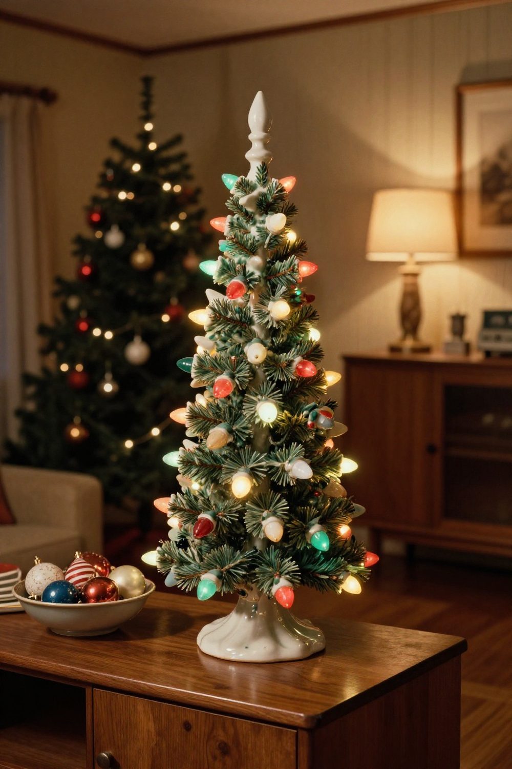 Vintage ceramic Christmas tree with small colored lights on a sideboard