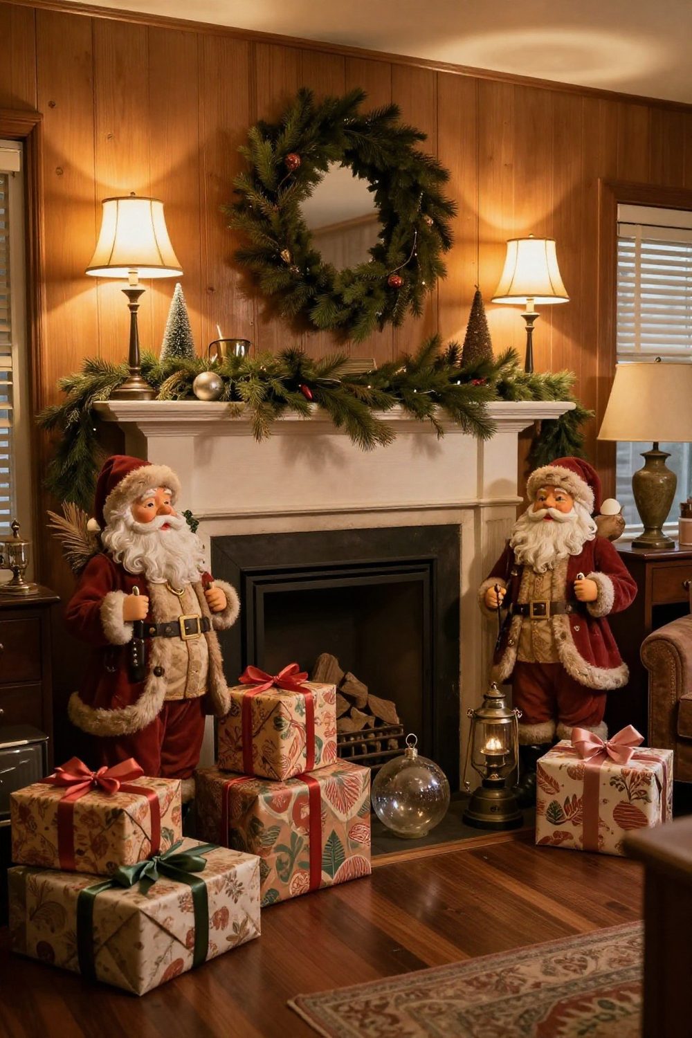 Collection of vintage Santa figurines arranged on a mantel with greenery