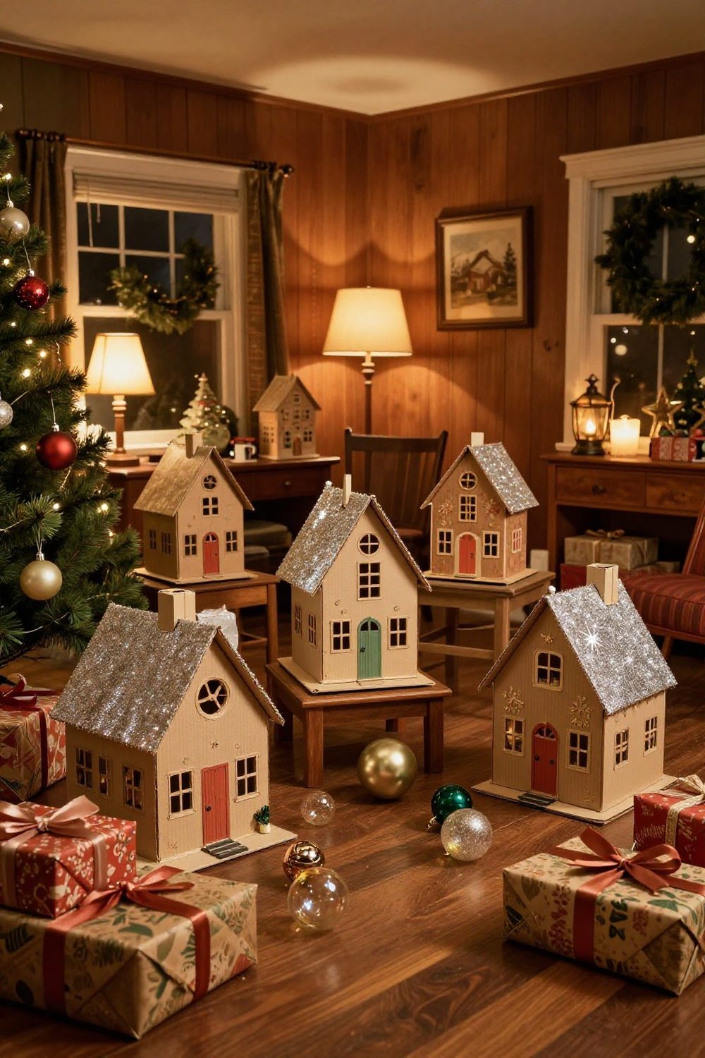Vintage Christmas village of small cardboard putz houses with glitter roofs