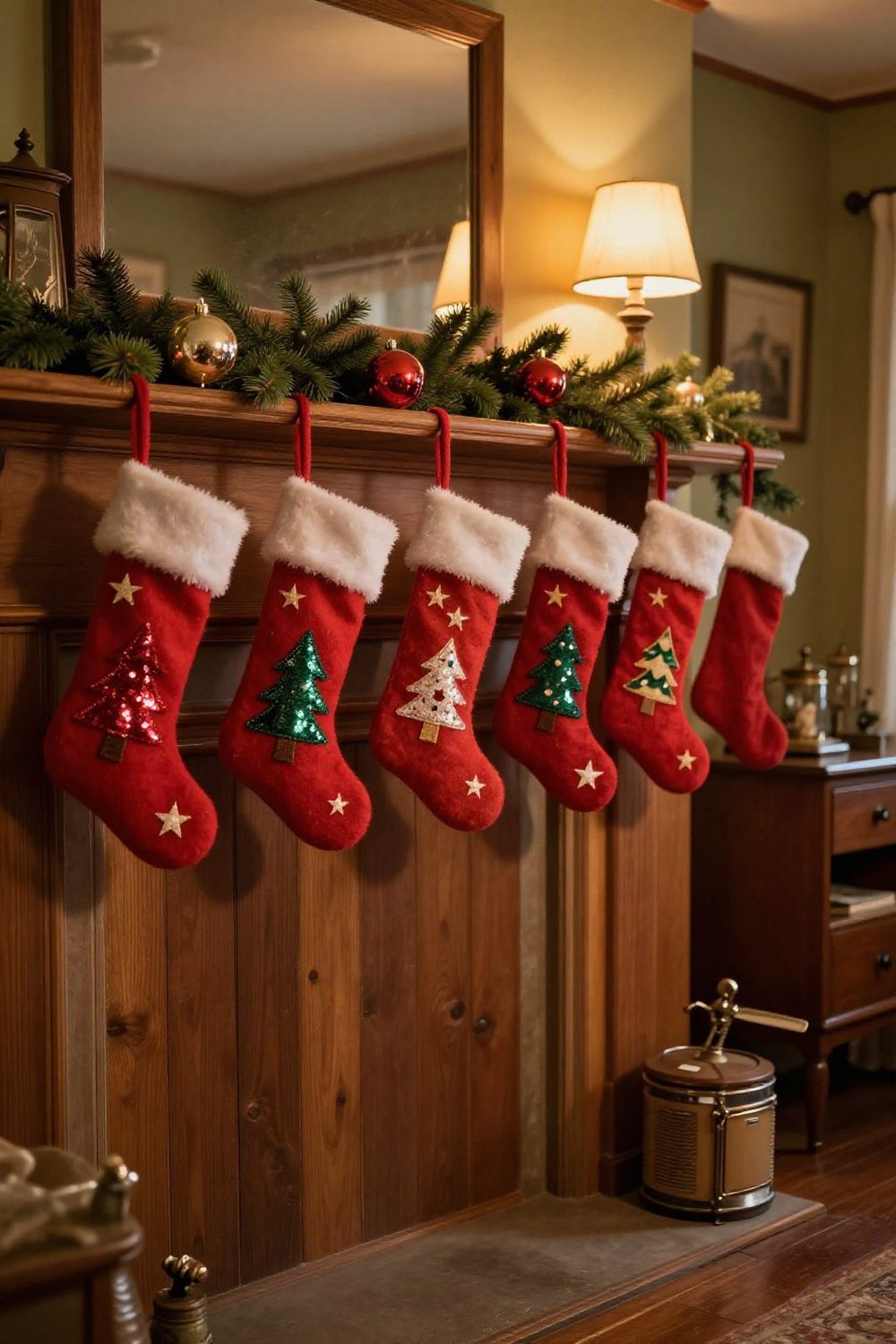 Vintage Christmas stockings in red felt with embroidered names hanging from a mantel