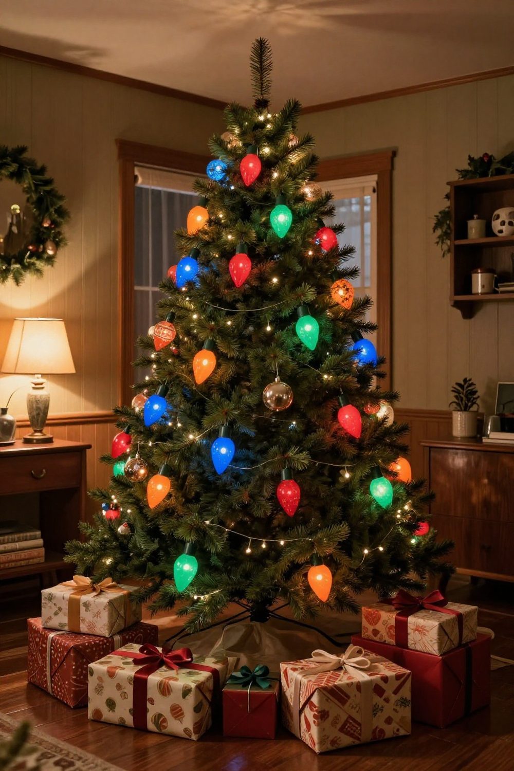 Retro Christmas tree with large C9 colored bulbs in red, blue, green and orange
