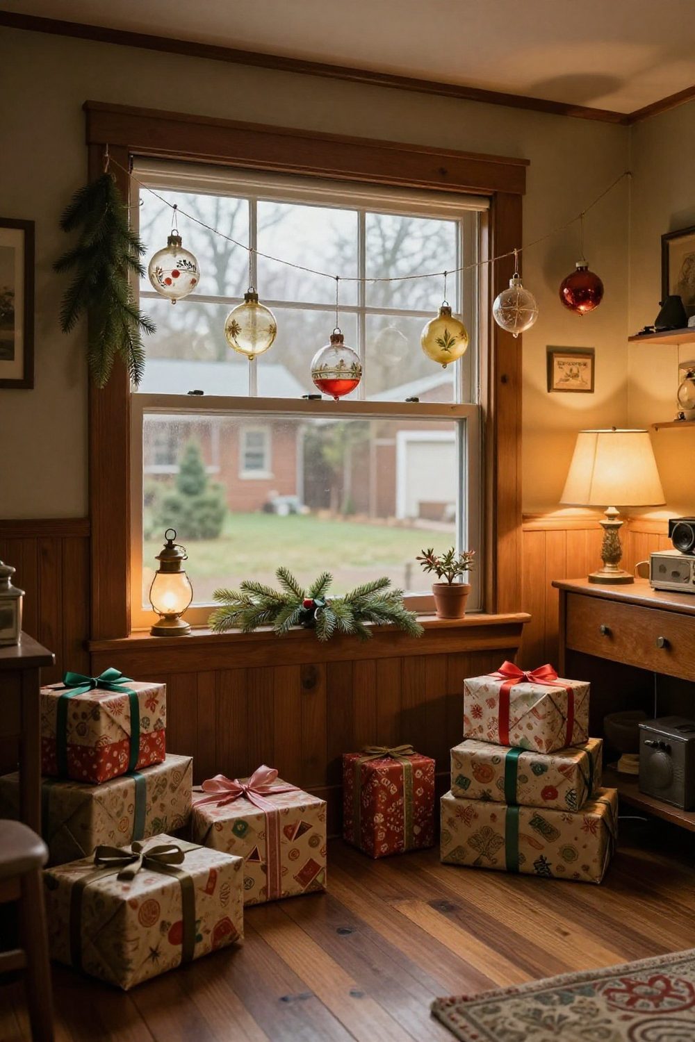 Vintage glass ornaments hanging in a sunny window on fishing line