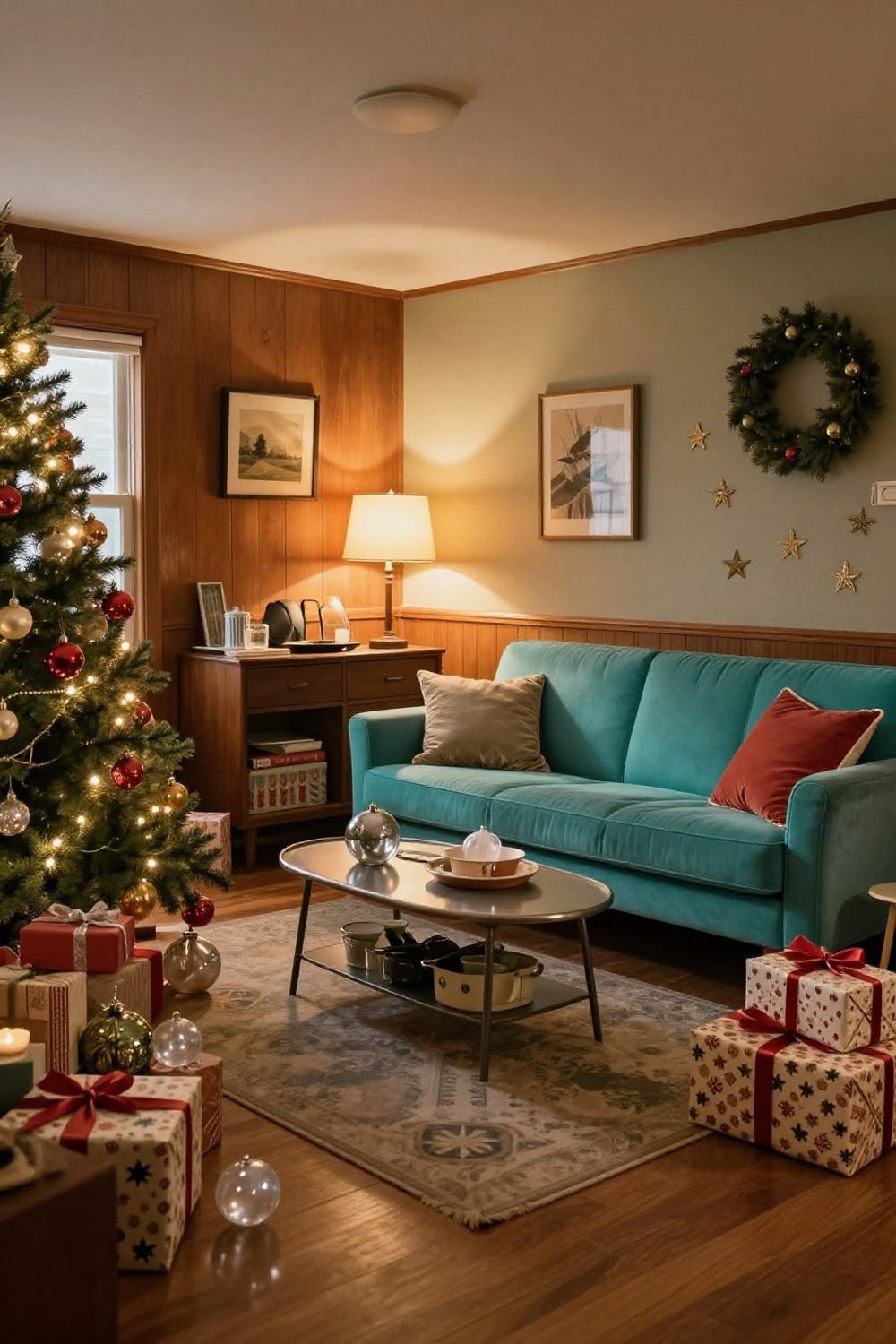 Retro mid-century living room decorated for Christmas with a turquoise and silver palette