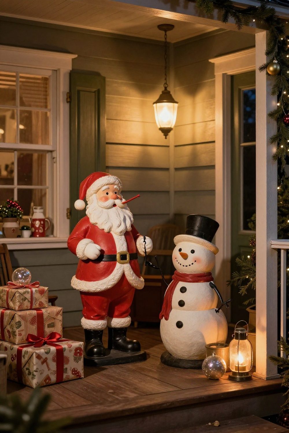Vintage blow mold Santa and snowman figures on a porch at night