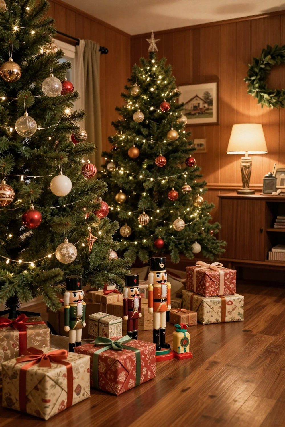 Vintage tin toys and wooden toy soldiers under a Christmas tree