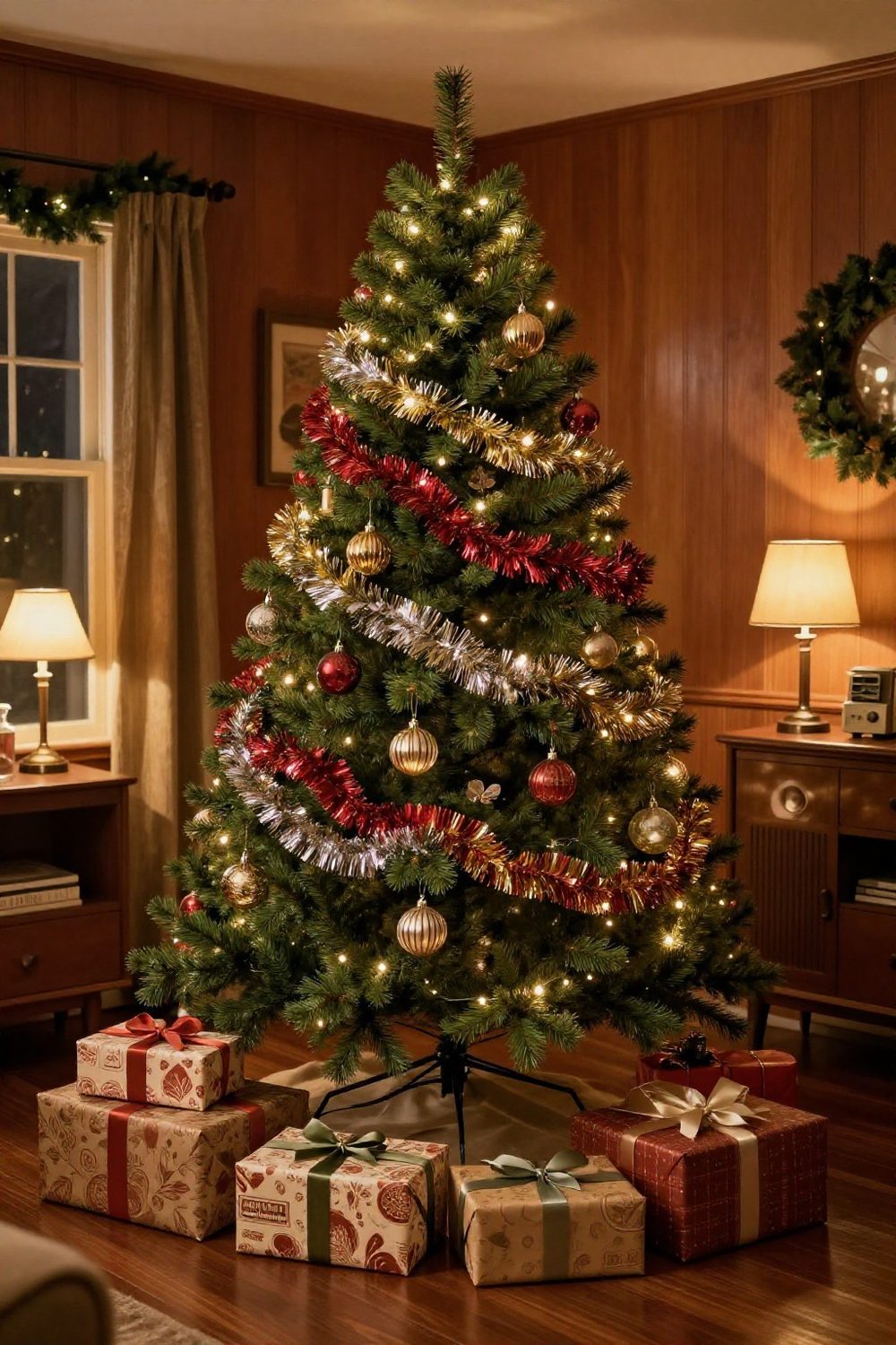 Vintage-style tinsel garland made of modern safe material on a Christmas tree