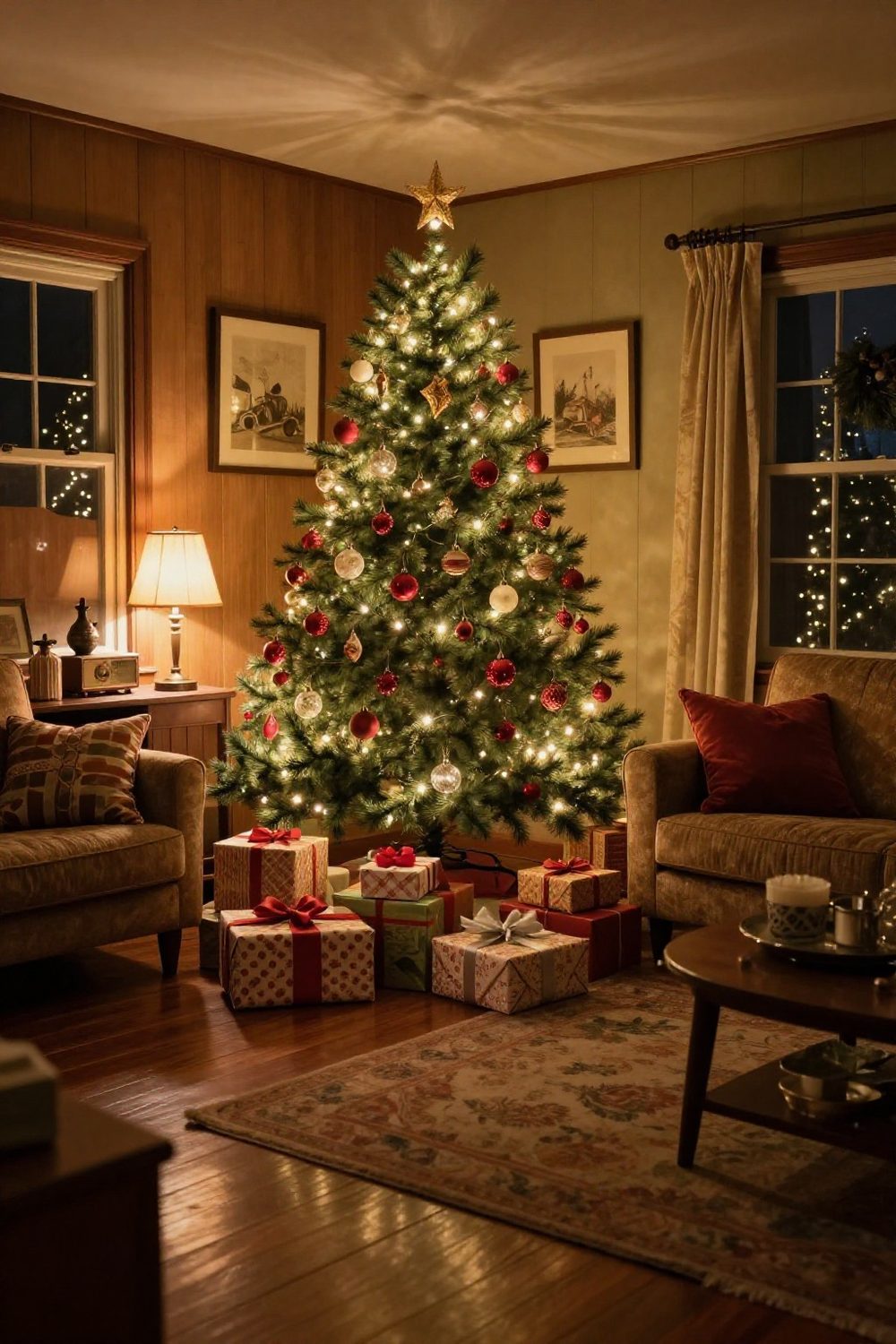 Cozy vintage Christmas living room at night with a glowing tree of old ornaments
