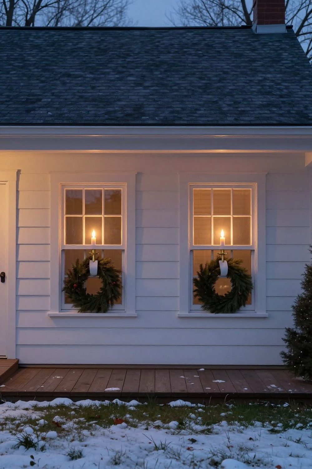 Single electric candle glowing in each front window of a house at night