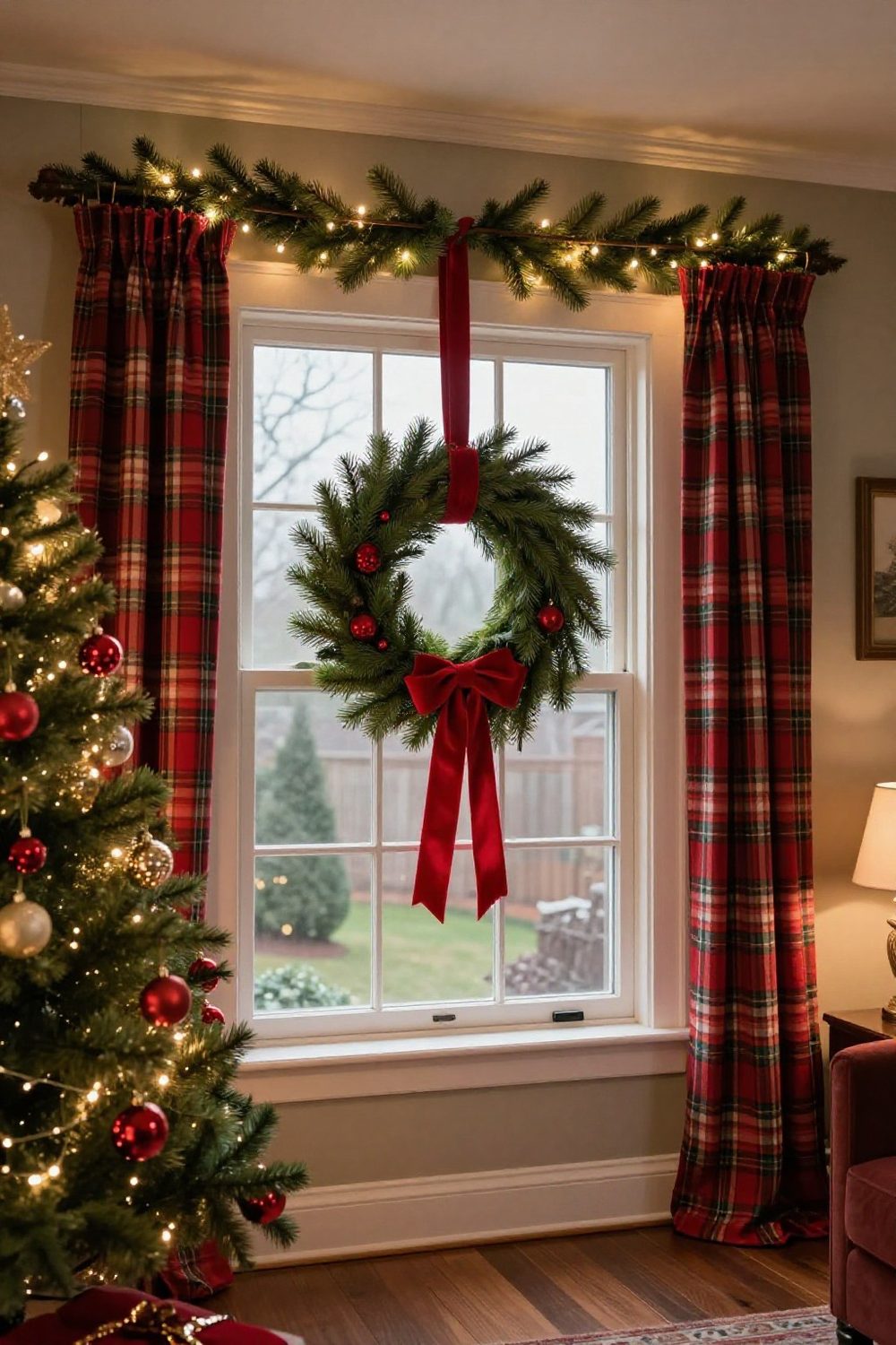 Evergreen wreath hanging on a red velvet ribbon in the center of a window