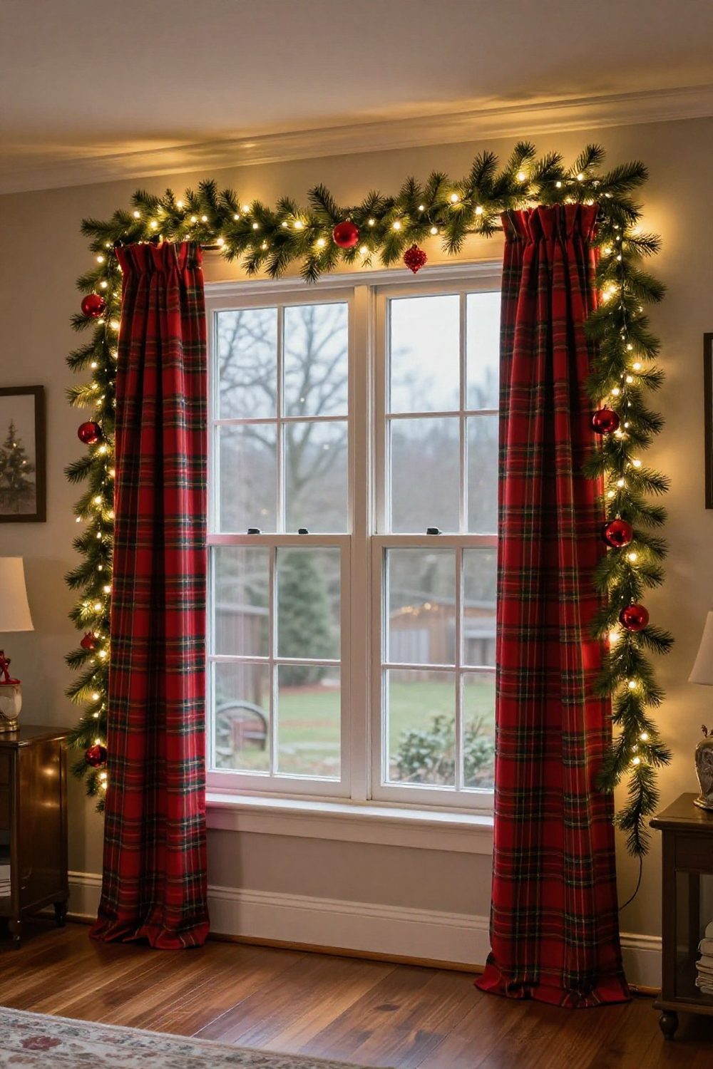 Window frame outlined with garland and warm white battery lights in a living room