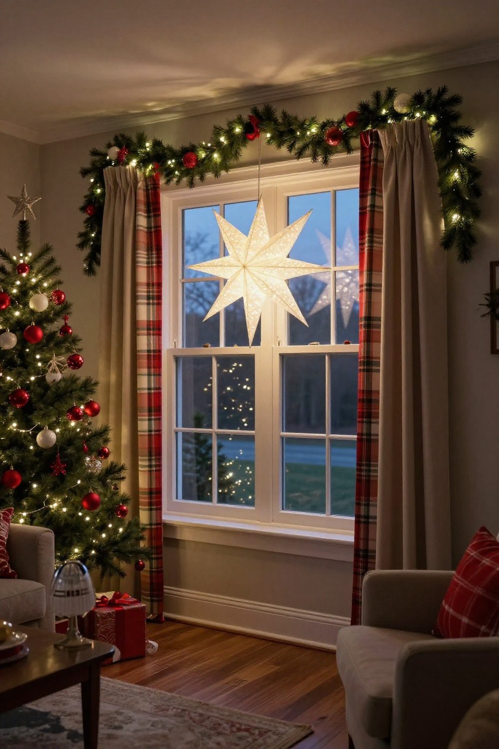White paper star lantern glowing in a living room window at dusk