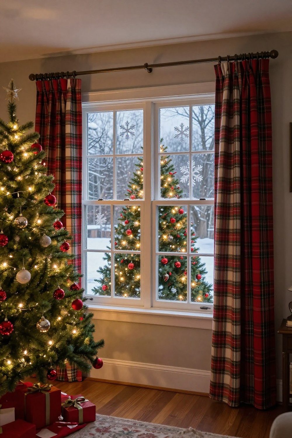 Snowflake window clings on a living room window with a Christmas tree visible inside