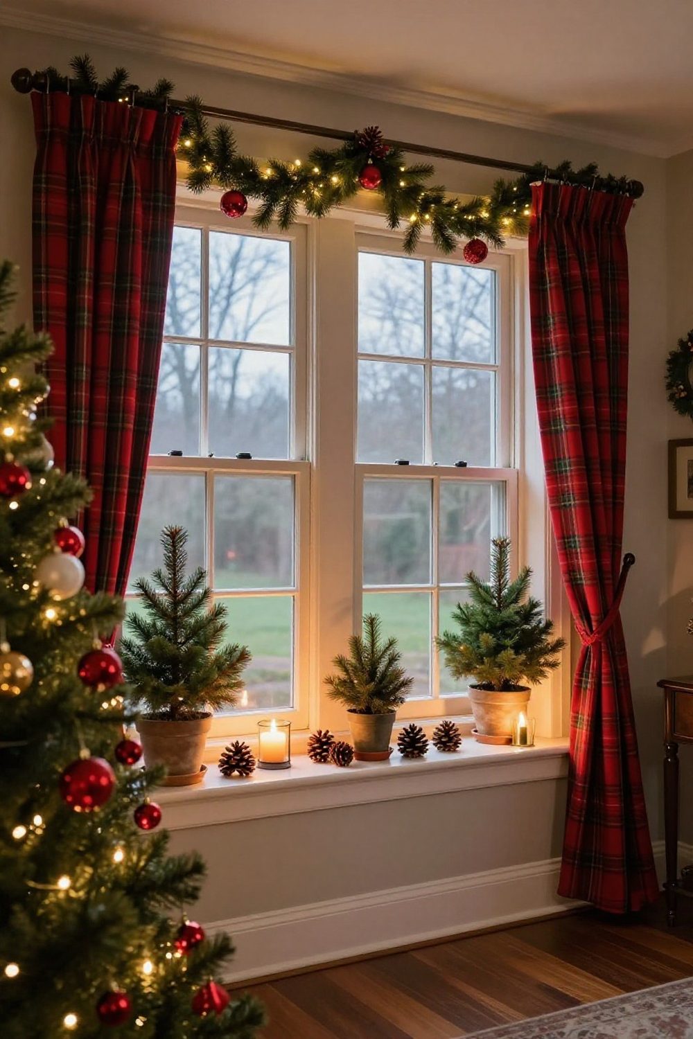 Windowsill styled with small potted evergreens, battery candles and pinecones