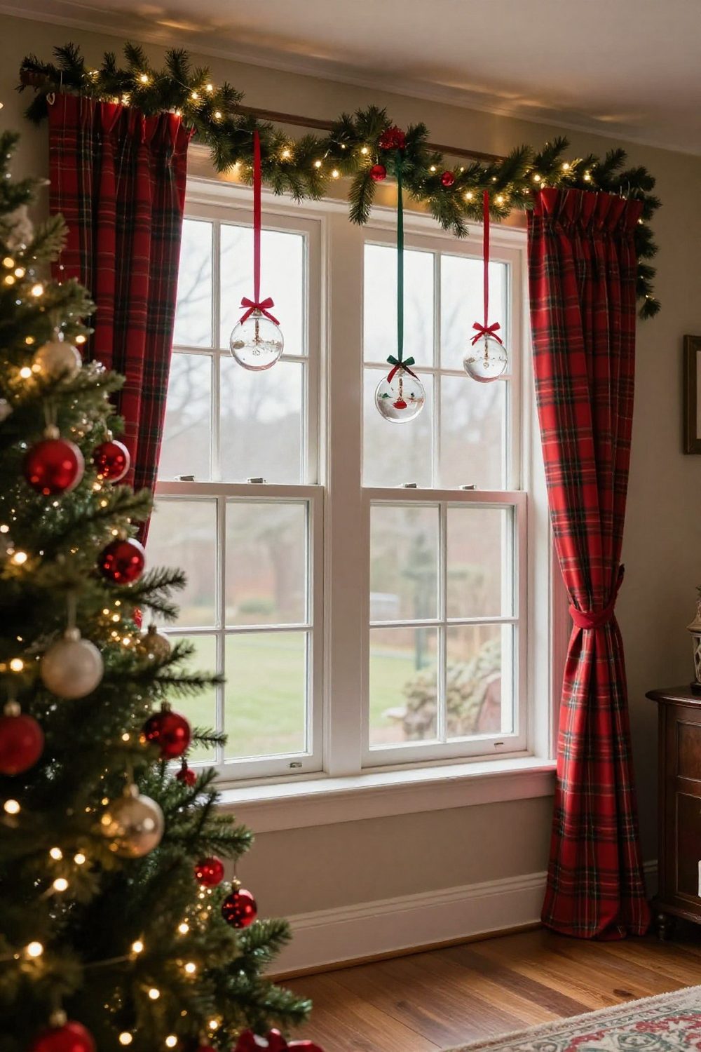 Glass ornaments hanging on ribbons at different heights in a sunny window