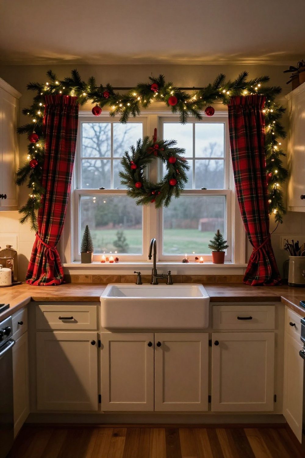 Kitchen window over the sink with a small wreath and a garland across the top