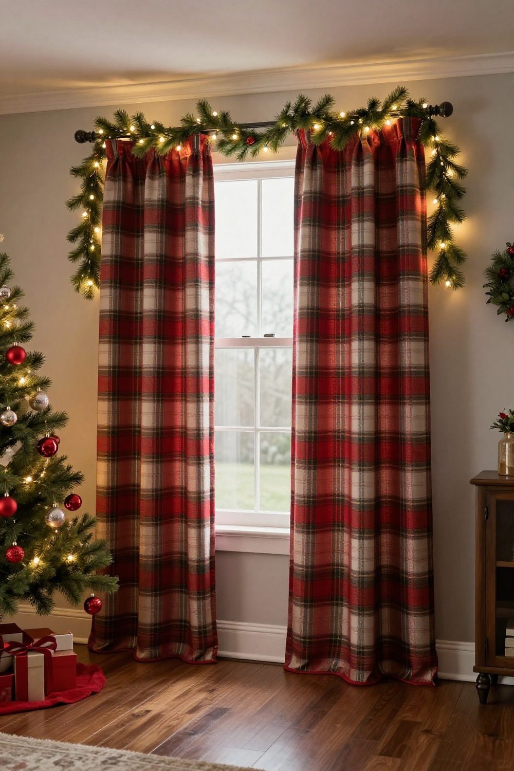Curtain rod wrapped with faux garland and small lights above living room curtains