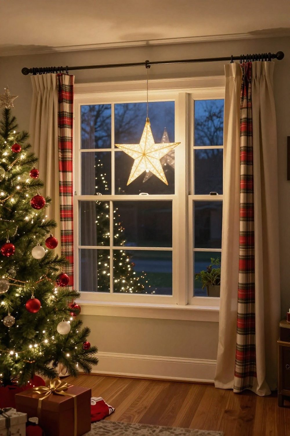 Light-up star hanging in an apartment window seen from outside at night
