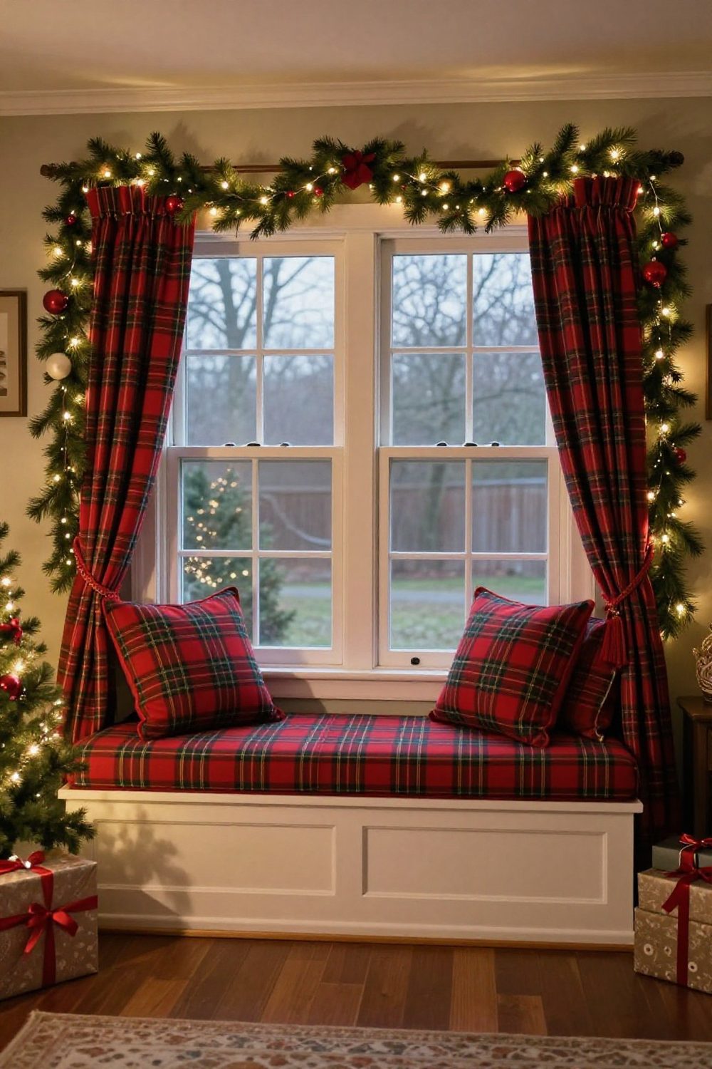 Window seat with plaid pillows, a throw and garland along the window frame