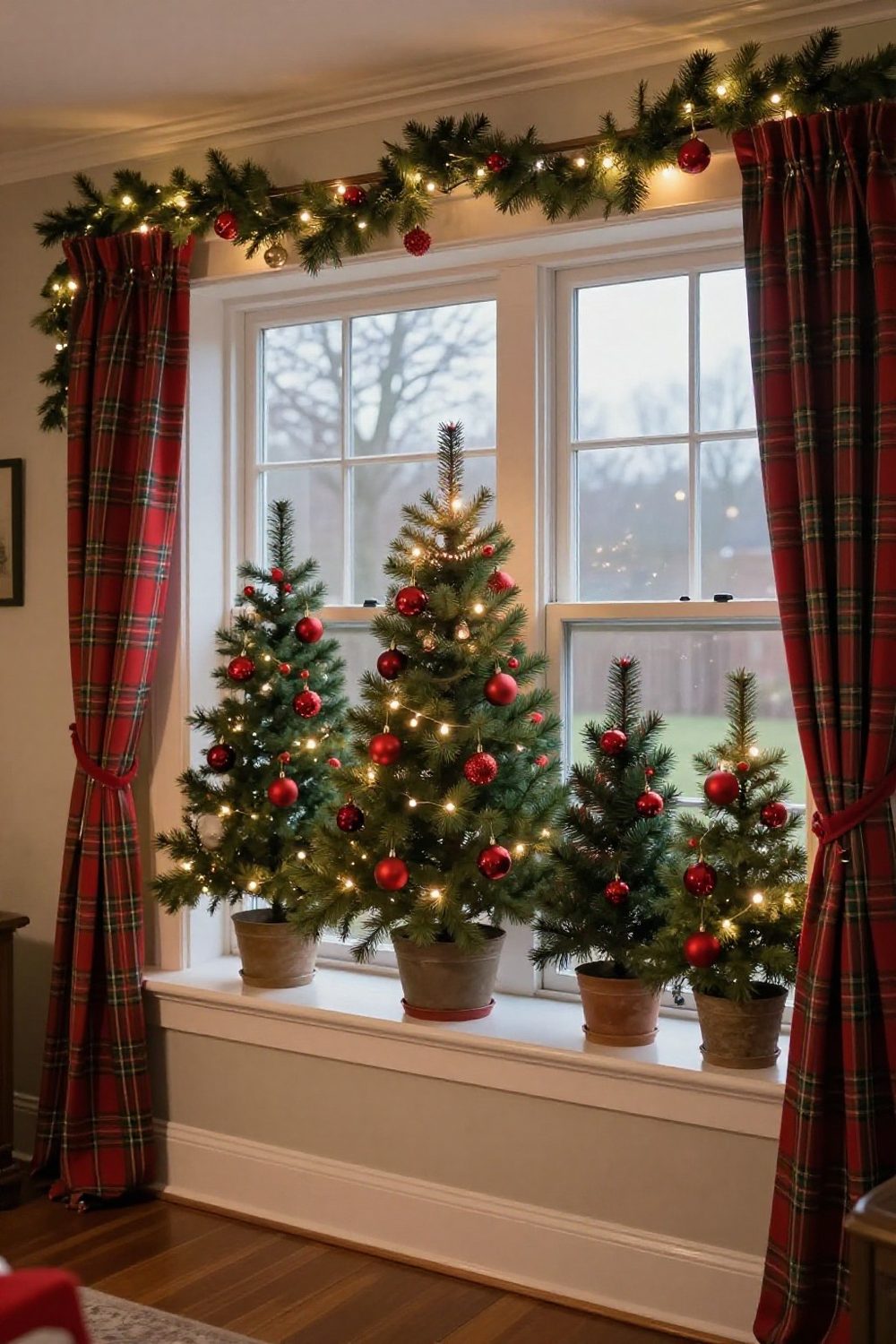Bottle-brush trees of different heights lined up on a white windowsill
